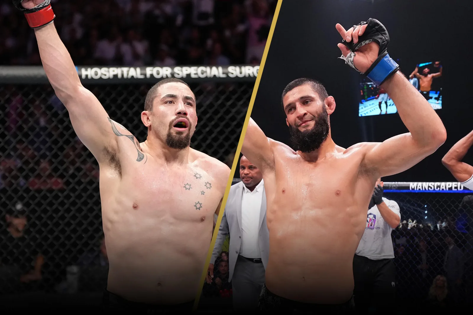 Två MMA-utövare i UFC-buren under en gala, med publiken i bakgrunden