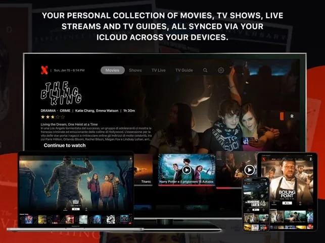 IPTVX-appen öppen på en skärm med kanallista, programguide och filmaffischer
