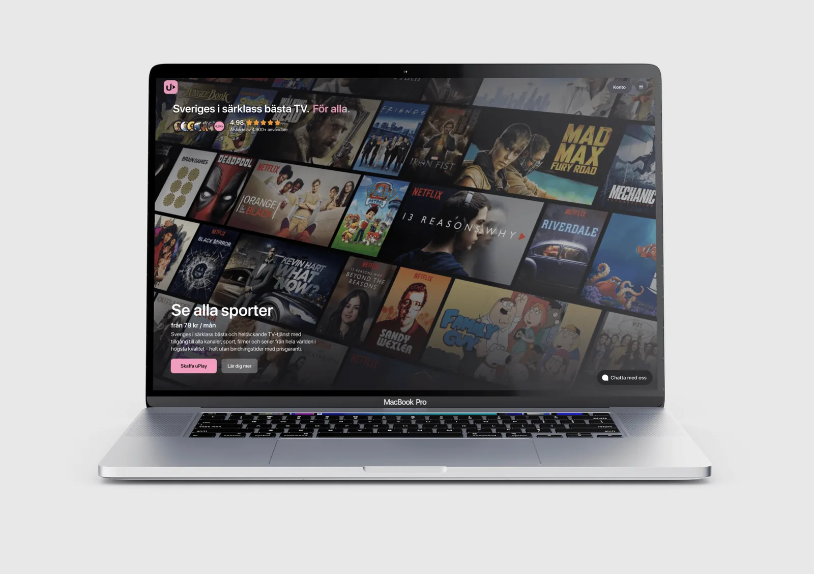 MacBook på ett skrivbord som visar Nordic IPTV:s kanalgränssnitt med filmer och tv-kanaler