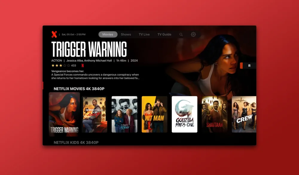 IPTVX-appen öppnad på en Apple TV med affischvy över kanaler, filmer och serier