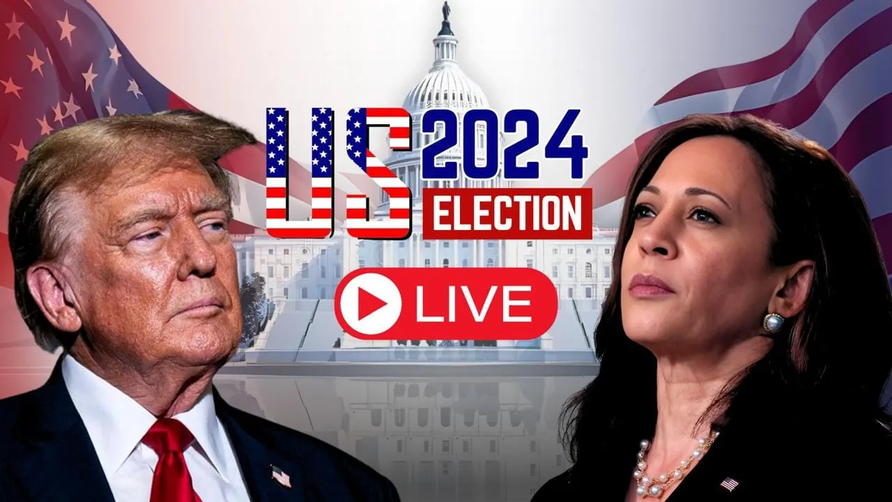 Tv-skärm med valstudio och USA-karta under presidentvalet i USA i november 2024